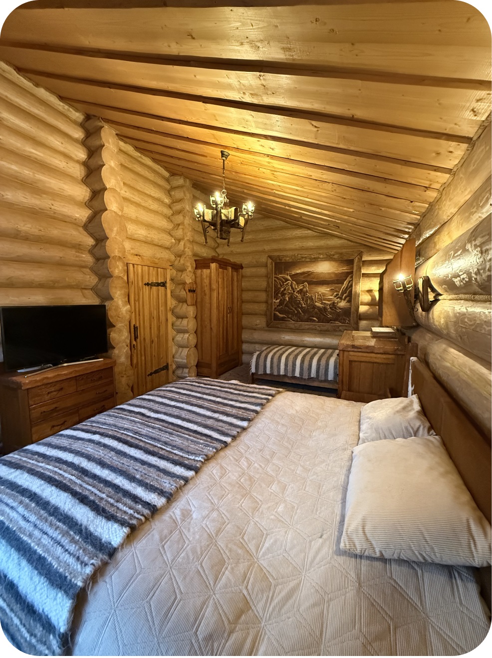 Спальня 2, фото 2: спальня з великим ліжком, дзеркалом і телевізором з дерев'яними стінами