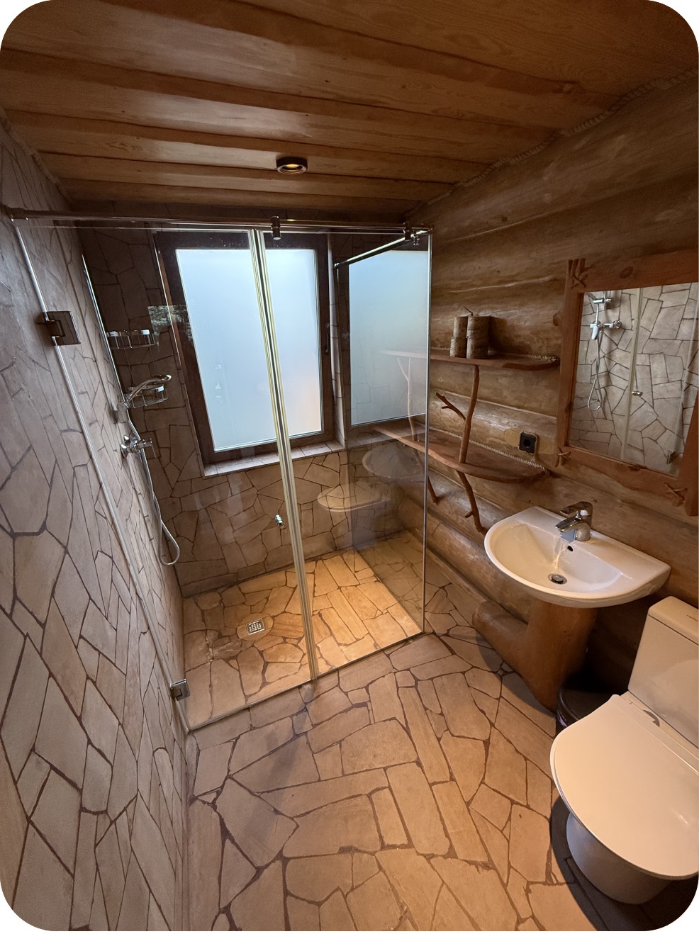 Вбиральня з душем і дерев'яними панелями